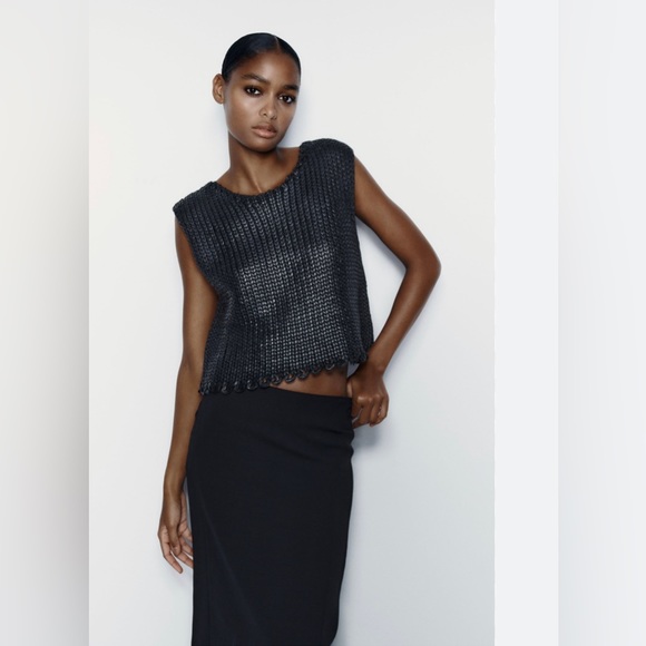 Zara Sweaters - Zara Cropped Knit Black Foil Sweater Vest Cropped Size Small NEW W TAGS revolve